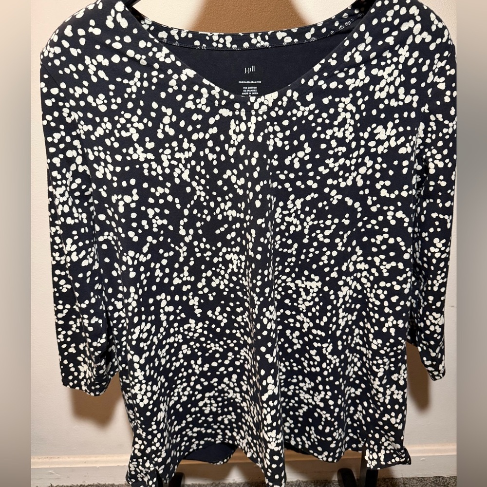 ⭐️3/$20 J. Jill Womens Forward Seam Tee Sz XLT black Cream polka Dots Knit Shirt